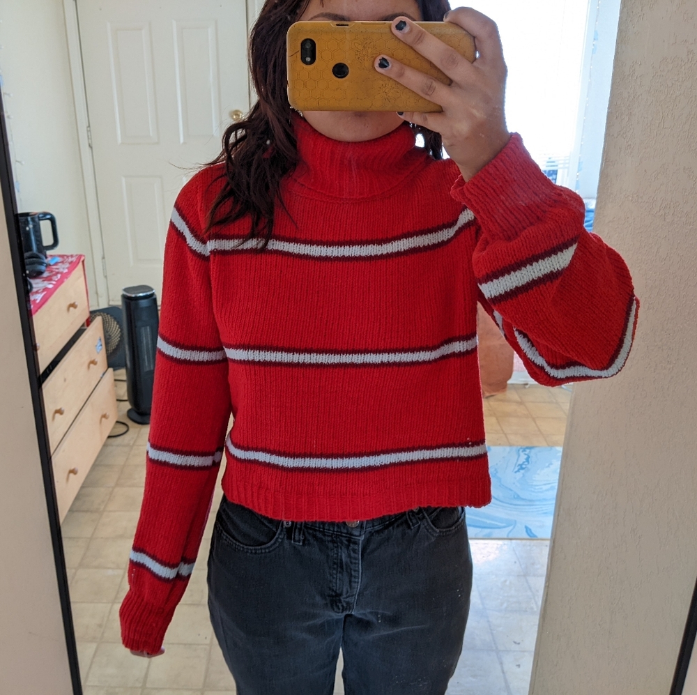 red and white striped turtleneck sweater